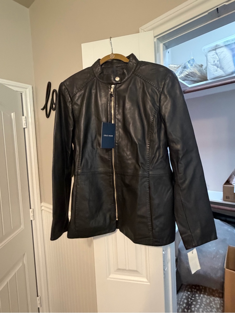 Cole Haan Black Leather Zip-Front Moto Jacket